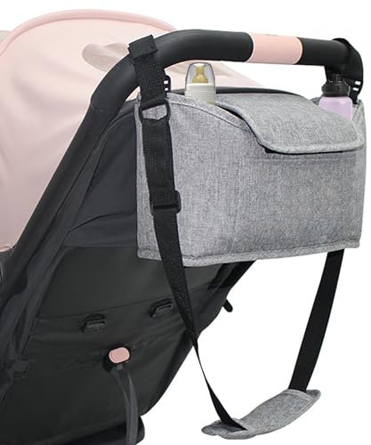 SUQ Buggy Organizer mit Getränkehalter, Kann Getragen Oder Aufgehängt Werden, Kinderwagen Organizer und Buggy Organizer, Kinderwagen Organizer Universal mit Isolierten Getränkehalter (grau)