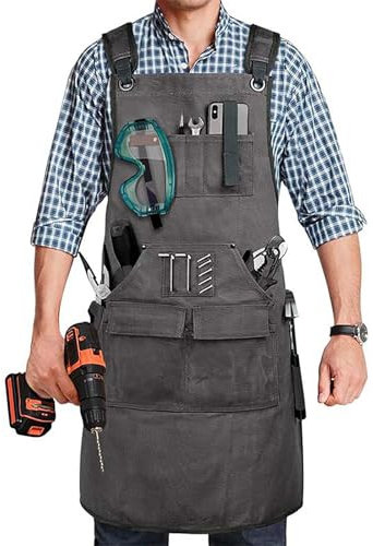 Kraftig Vaxcanvas Arbetsförkläde ， Verktygsförkläde, Med Ficka ， Justerbara Storlekar S Till XXL För Träbearbetning, Svetsning,One Size,Grey