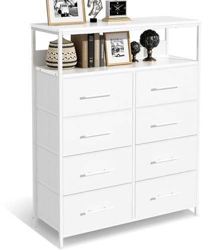 MYGIIVOVO Chest of Drawers, Dresser for Bedroom with 8 Fabric Drawers, Tall Storage Organizer Unit with 2 Layers Shelf, TV Stand with Sturdy Metal Frame (White)