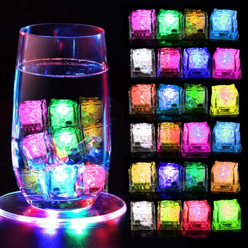 BORDEAG Cubos de Hielo LED, 24 Piezas Juguetes Acuáticos de Colores, Juguete Sensorial para Bañera, Fiestas y Bar (2.7x2.7x2.7cm, Multicolor)