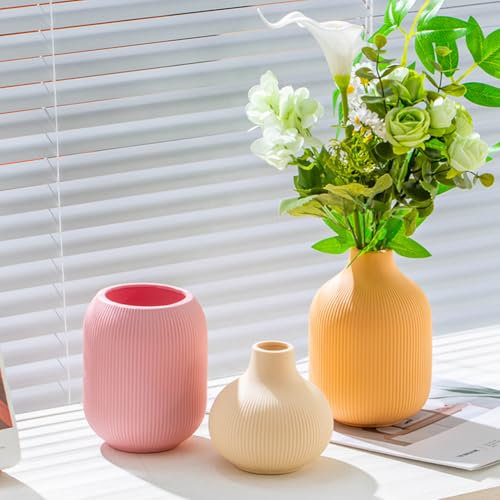 Juego de 4 jarrones de cerámica, jarrones de cerámica para decoración del hogar, floreros Decorativos para Hierba de Pampa y Flores secas, Mesa, estantería (Rosa,Naranja,Amarillo Claro)