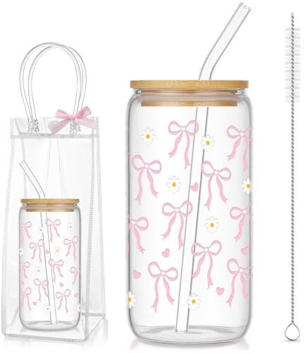 saerryor Glass Ice Coffee Cup with Straw and Lid for Women Girls(Pink Bow)