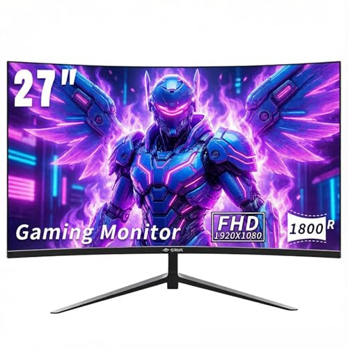 CRUA 27'' Curved Gaming Monitor, FHD 1080P, 200Hz, 1ms GTG, 1800R Curvature, FreeSync, Low Motion Blur, Eye Protection, VESA Mount, HDMI & DP, Black