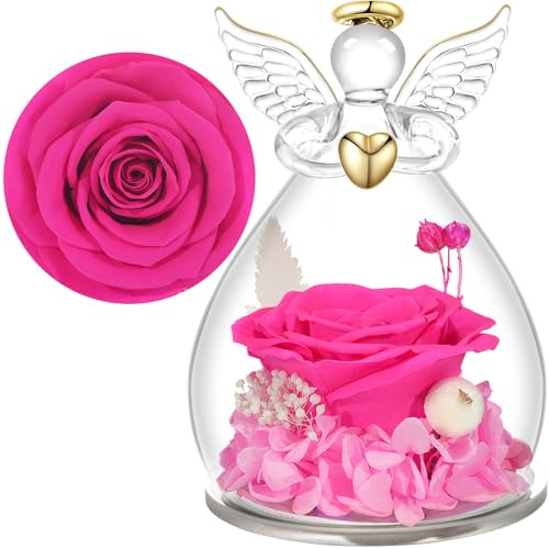 Yamonic Rosa Eterna Regalo Mujer,Rosa Eterna Natural Preservada con Figura Ángel Regalo para Mama, Flores Preservadas Regalos Cumpleaños Mujer Abuela,Regalos Originales Navidad Dia de la Madre
