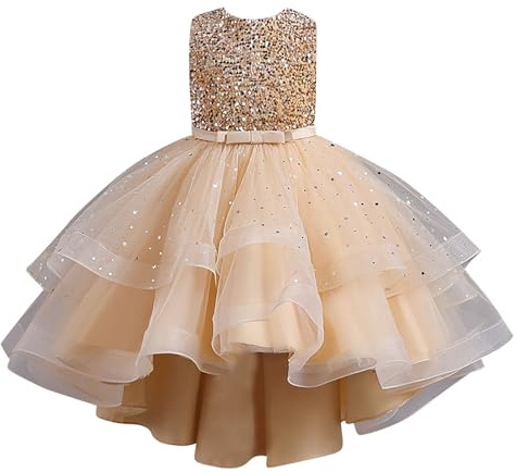Generisch Vestido para niña de 11 años, tipo flores para bautizo, corte princesa, elegante encaje, para bautizo, boda, fiesta, color blanco, dorado, 10-11 años