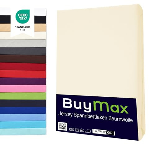 Buymax Spannbettlaken 180x200cm Baumwolle 100% Spannbetttuch Bettlaken Jersey, Matratzenhöhe bis 25 cm, Farbe Beige