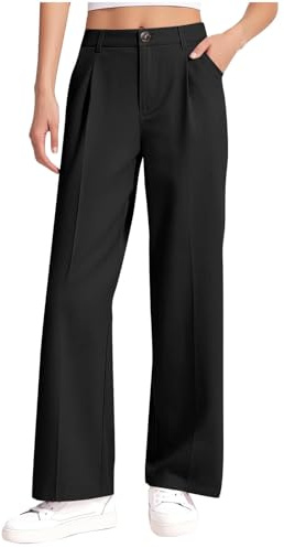 duxyoz Girls Dress Pants - Pull Up Wide Leg School Uniform Pants for Teen Girl,Elastic High Waisted,Straight,Solid Color,Formal Suit Trousers 4-15 Years