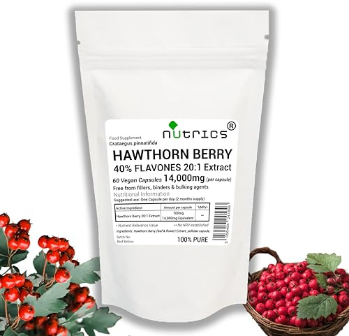Nutrics® 14,000mg (per Capsule) Hawthorn Berry Extract 60 V Capsules - 40% FLAVONES Strong One A Day - 100% Pure - Free from fillers, Binders & Bulking Agents (2 Months Supply) (60)