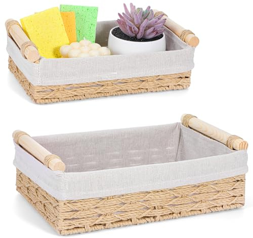 2Pcs Toilet Storage Basket for Organizing, Large Wicker Bathroom Baskets with Wooden Handles & Liner, Square Organizer Basket for Bathroom Shelves Cupboards Drawer