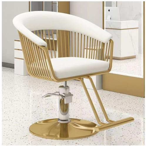 Guld hydraulisk salongsstol, modern grå PU-kudde frisörstylingstol för skönhetssalong hårsalong,White,S