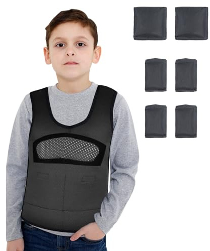 Compression Vest for Kids (Large, Ages 10+) Weighted Vest for Kids Including 6 Removable Weights Black