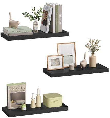 eSituro 3 Pcs Black Floating Shelves, 60cm Wooden Modern Shelf, Bedroom | MDF Shelving Boards, Easy Install Wall Rack Display & Organiser for Living Room, Kitchen, Bathroom, Office, Hallway