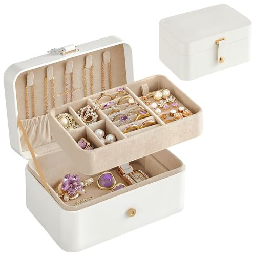SONGMICS Jewelry Organizer Box, Travel Jewelry Case, 2-Layer Travel Case for Earrings, Necklaces, Bracelets - Portable Jewelry Storage with Large Capacity, Gift Idea, Cloud White UJBC166W01