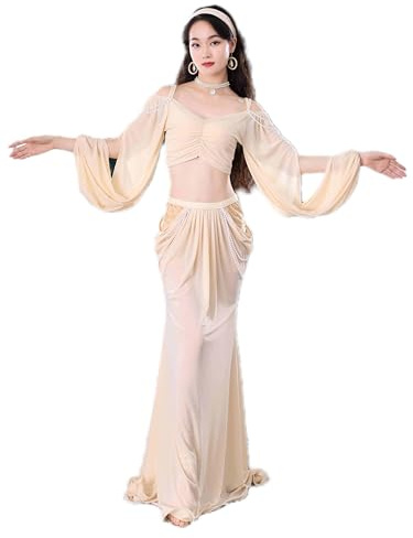 HEARTTOUCH Belly Dance Costume Set for Women Belly Dance Crop Top Dance Skirt Halloween Carnival Outfit Professional Outfit (Beige,L,Large)