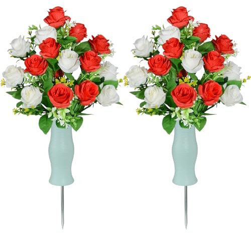 AOFOX Flores de Cementerio Artificiales con jarrones, Ramos de Rosas de Flores de lápida, un Conjunto de Dos Flores conmemorativas para la disposición del Cementerio (Blanco - Rojo)