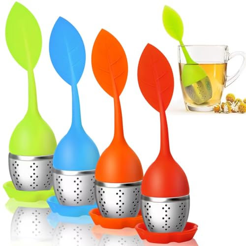 Lot de 4 inoxydable Infuseur de Thé, Filtre Diffusseur, Boule à Thé, avec Poignées En Silicone, Passoire à thé avec Couvercle et Soucoupe, Infuseur à thé pour Tisane(Vert, Orange, Bleu, Rouge)