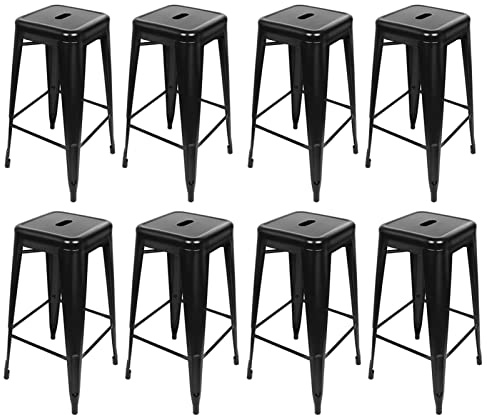 Homewell Barstol set med 8, industriell ståpall i järn 76 cm, stapelbar bistropall med fotstöd, retro diskpall för matsal balkong bistrobar (8, svart)