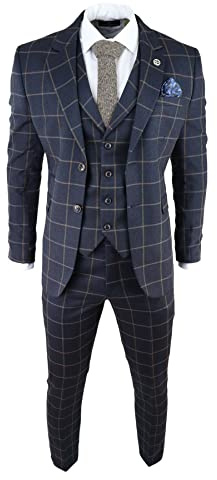 Costume Homme à Carreaux 3 Pièces pour Un Style Classique Lors de Mariages et Soirées en Tweed - Bleu Marine 56