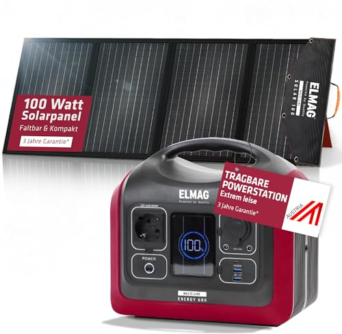 ELMAG Solargenerator-Set ENERGY 600 + SOLAR 100 595Wh tragbare Powerstation mit faltbarem 100Wp Solarpanel Stromspeicher mit LiFePO4 Akku & 230V AC/DC/USB Ausgabe Für Camping, Outdoor & Notstrom