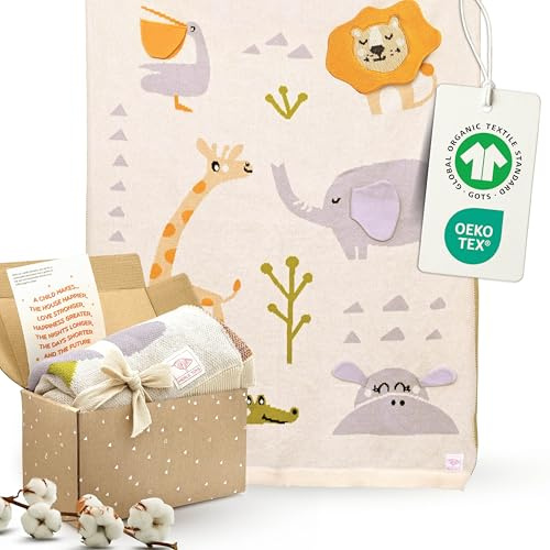 Merle Toys® Babydecke Baumwolle, 100% Bio - GOTS & Oeko-TEX Zertifizierte Strickdecke, Baby Decke für Neugeborenen, Geschenke zur Geburt Mädchen & Jungen, Kuscheldecke Baby, Savannenfreunde 3D