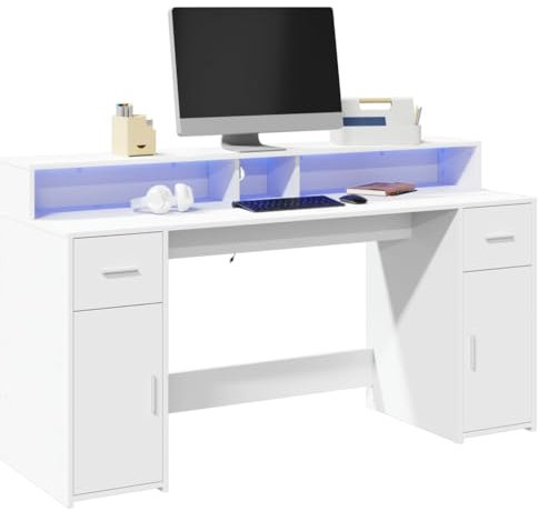 ShGaxin LED-ljusbord i trä teknisk vit 160 x 55 x 91 cm, skrivbord, skrivbord, spelbord, kontorsbord, datorbord - 3309429