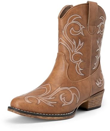 DREAM PAIRS Women's Cowboy Cowgirl Western Boots Embroidered Stitched Ankle Boots Square Toe Chunky Heel Fashion Short Booties with Zipper,Size 8.5,Tan,DWUMAB2511