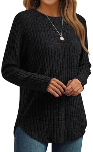 AUTOMET Womens Long Sleeve Shirts Fall Fashion Tops Crewneck Dressy Sweaters Tunic Winter Clothes Casual Outfits Black L