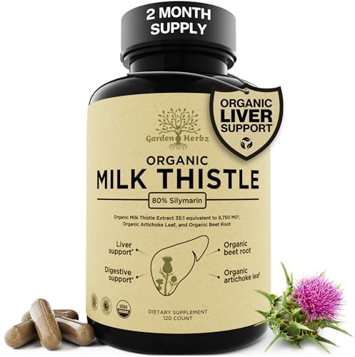 Garden of Herbz USDA Organic Milk Thistle Liver Detox Supplement 80% Silymarin, 250 mg with Beet Root & Artichoke Extract for Liver Support & Digestion, Made in USA, 120 Capsules (2 Month Supply)