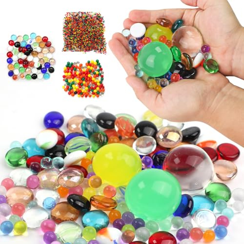 Molirex 5000 Wasserperlen & 58 Bunte Glassteine & 150 Deko Wasserkugeln XXL für Vasen Aquarien Hochzeitsmittelstück Vasenfüller Hydrokultur Wasserperlen für Pflanzen Bunte Deko Steine Muggelsteine