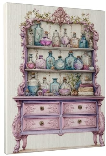 Arte de pared de boticario vintage, frascos de vidrio azul violeta, impresión en lienzo, decoración rústica para el hogar, sala de estar, dormitorio, cocina, oficina, 8 x 12 pulgadas