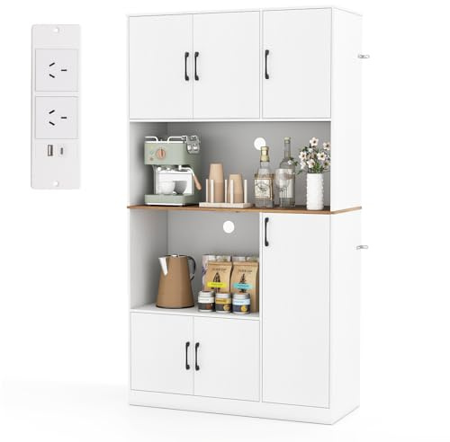 COSTWAY Armadio Dispensa Alto 180 cm, Credenza da Cucina con Presa di Corrente e 4 Ante, per Cucina, Sala da Pranzo e Soggiorno, 100 x 40 x 180 cm (Bianco)