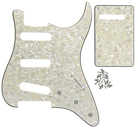 FLEOR Set med 8 hål SSS pickguard och gitarr bakplatta med skruv för vintage ST stil gitarr delar utbyte, 4 lager åldrad pärla