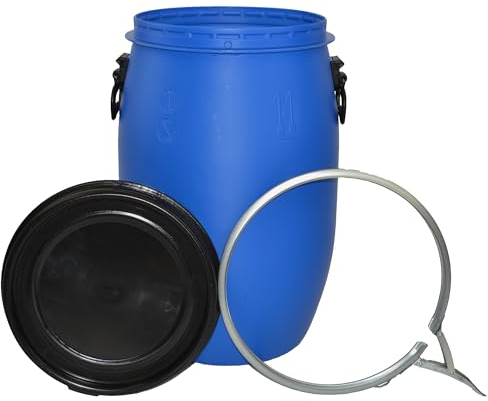 ITP Packaging 60 Litre Plastic Blue Open Top Storage Barrel with Lid and Latch Ring, UN Approved, Food Grade
