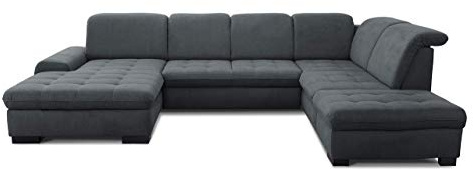 CAVADORE U-Form Lexi mit XXL-Longchair / Inkl. Bett, Bettkasten, Stauraum und Kopfteilfunktion / Leichte Fleckenentfernung dank Soft Clean / 329 x 82-99 x 224 / Flachgewebe: Dunkelgrau