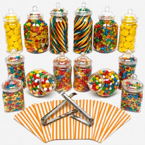 Truly Sweet Candy 14 Plastic Sweet Jars, 7 Styles, 2 Tongs and 50 Bags. Ideal for Party, Wedding, Sweet Table, Candy Buffet (Orange Candy Stripe Bags)