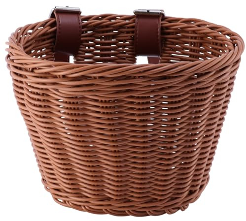 Garneck Marrón Mimbre Manillar Delantero Bicicleta Triciclo Cesta Tejida de Almacenamiento Con Correas de Cuero PU Para Niños y Mujeres