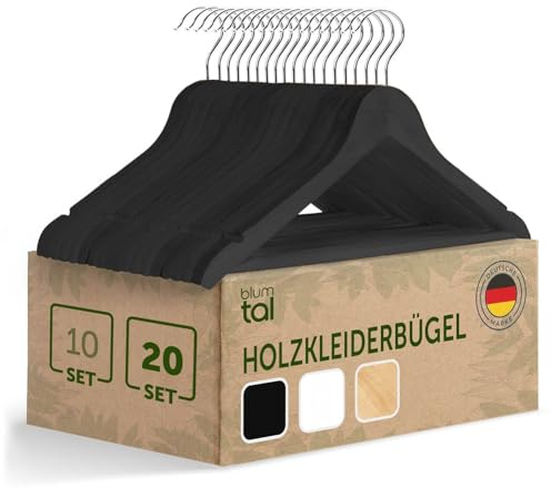 Blumtal - 20 Kleiderbügel aus schwarzem Holz – Kleiderbügel aus Holz rutschfest – für Erwachsene mit 360 ° drehbarem Haken aus Chrom – mit 2 Kerben – mit Rutschfester Aufhängeleiste, Schwarz
