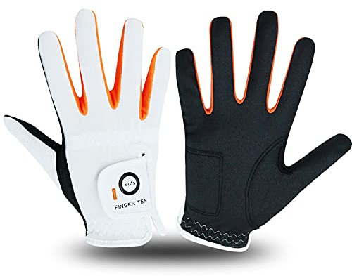 FINGER TEN Golf Gloves Kids All Weather Soft for Left and Right Hand Rain Grip Breathable Value Pair, Golf Gloves for Girls Boys Wear-Resistant Non Slip Comfortable (White/Black, X-Large)