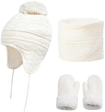 CheChury Bambino Cappello Inverno Sciarpa e Guanti 3 Pezzi Set Infantile Cappello a Maglia Berretto Fodera in Pile Polare con Pompon per Neonato Ragazze Ragazzi 1 a 6 anni,Bianco,S