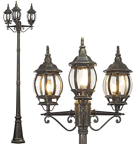 BAKAJI Lampione Vittoriano Classico da Giardino in Alluminio Lampada Lanterna Colore Grigio Finitura Anticata Color Ottone IP44 E27 (3 Luci 200 cm)
