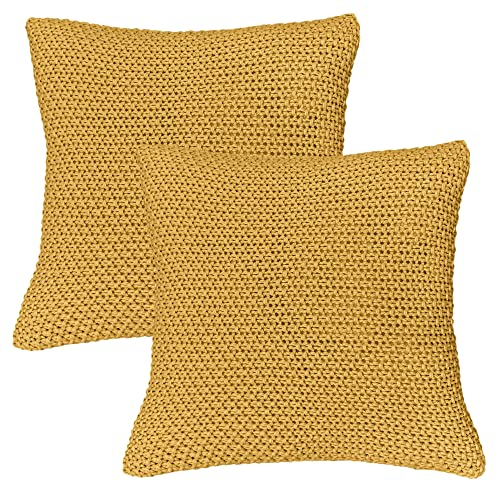 wometo 2er Set Kissenbezüge Strick 45x45 gelb senfgelb - Reißverschluss Oeko-TEX Sofakissen Dekokissen warme weiche Kissenhülle mit edlem und schlichtem Strickmuster