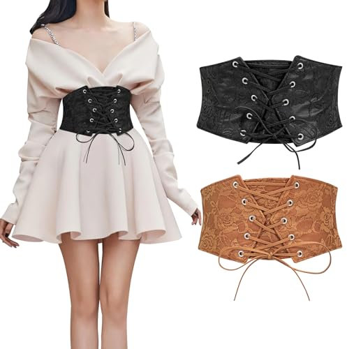 WERFORU 2 Stücke Damen Korsett Tied Waspie Gürtel Halloween Elastische Breite Gürtel für Kleider