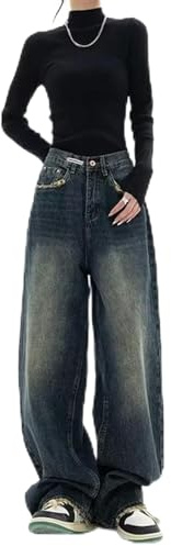 FRESQA Y2K – Jean Baggy Bleu Vintage pour Femmes, Streetwear coréen, Taille Haute, Jambes Droites et Larges, Pantalon en Denim, vêtements féeriques