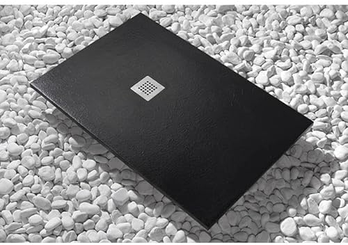 Plato de ducha 80 x 100 cm Line negro altura 3 cm slim de mármol resina con desagüe incluido, todas las medidas disponibles