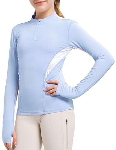 FitsT4 Sports Girls Long Sleeves Shirts Thumbhole English Horse Riding Shirt UPF50 Quick Dry Kids Equestrain Half Zip Jacket Blue Small