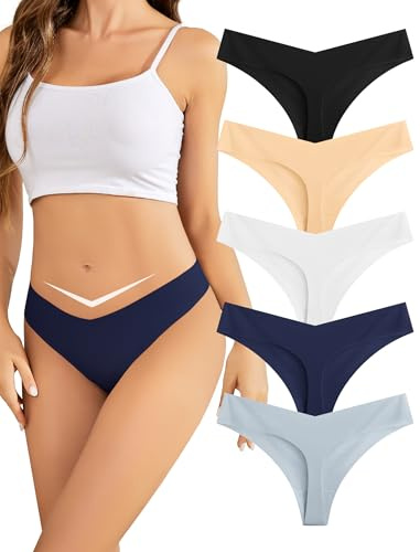 VOENXE Tanga Culotte Femme sans Couture,String Sport Invisible Underwear | Seamless Thong Slip Women Microfibre,Taille Basse Sous-vêtements Multipack Feminin,No Show Confortable Panties,Lot 5 Pack