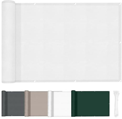 HENG FENG Pantalla de Privacidad para Balcón 0.7x8m, Protección UV, Impermeable PES, Resistente al Viento y la Lluvia, con Ataduras de Cables, Blanco