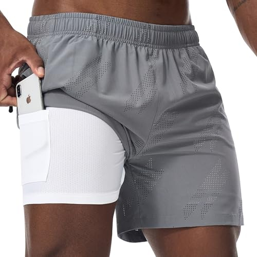 Danfiki Löparshorts för män, gym, 2 i 1 sportshorts, andningsbara, atletiska träningsshorts, kompressionsfoder, utomhus, träningsshorts med fickor, Grå, L