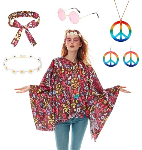Conponous 7 Stück Hippie Kostüm Damen, Karneval Kostüm Damen, 60er 70er Jahre Kostüm mit Hippie Poncho Halskette Ohrringe Stirnband Sonnenbrillen, Faschingskostüme für Karneval Party
