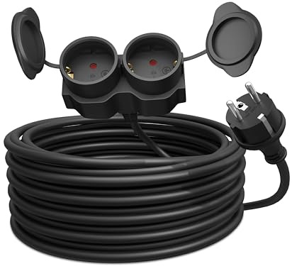 Poppstar Verlängerungskabel 10m, IP44, 3500W, mit Doppelstecker außen (Outdoor Stromkabel mit Doppelsteckdose), schwarz